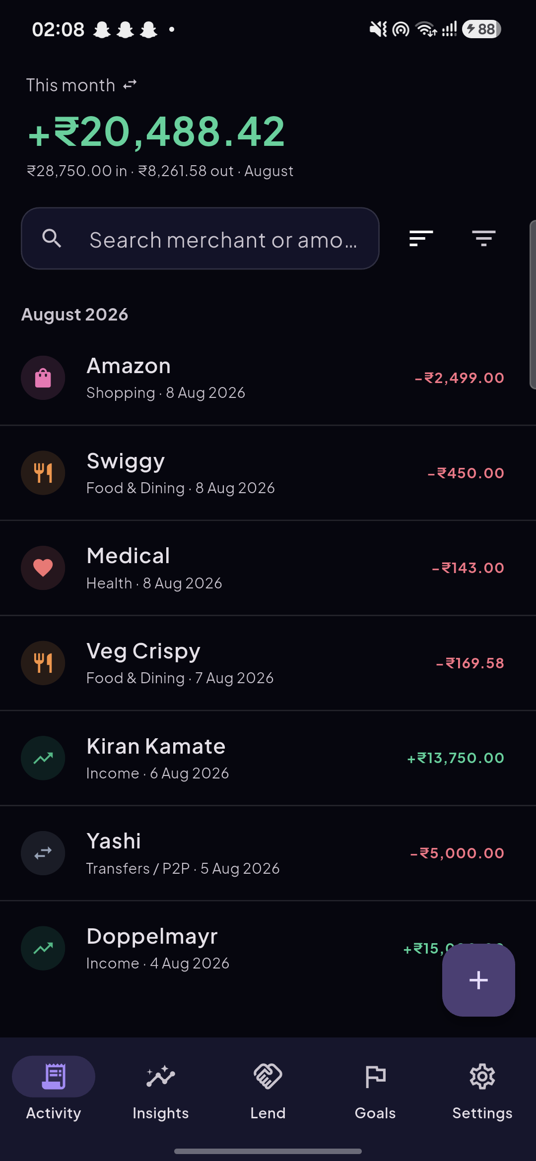 Potnis's Activity screen, showing a categorised ledger of transactions with a running balance