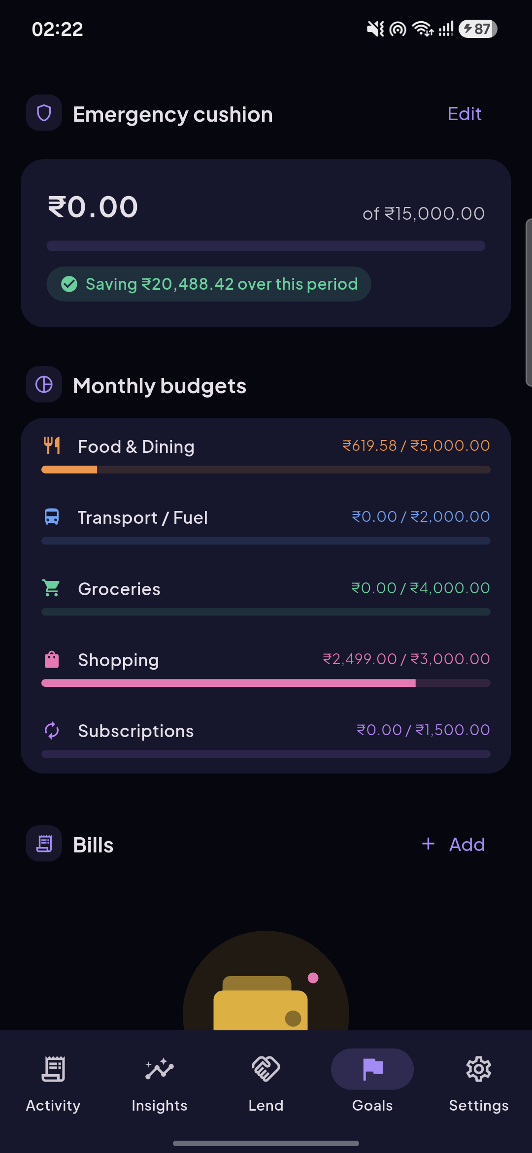 Potnis's Goals screen, showing an emergency-cushion savings target and monthly budgets