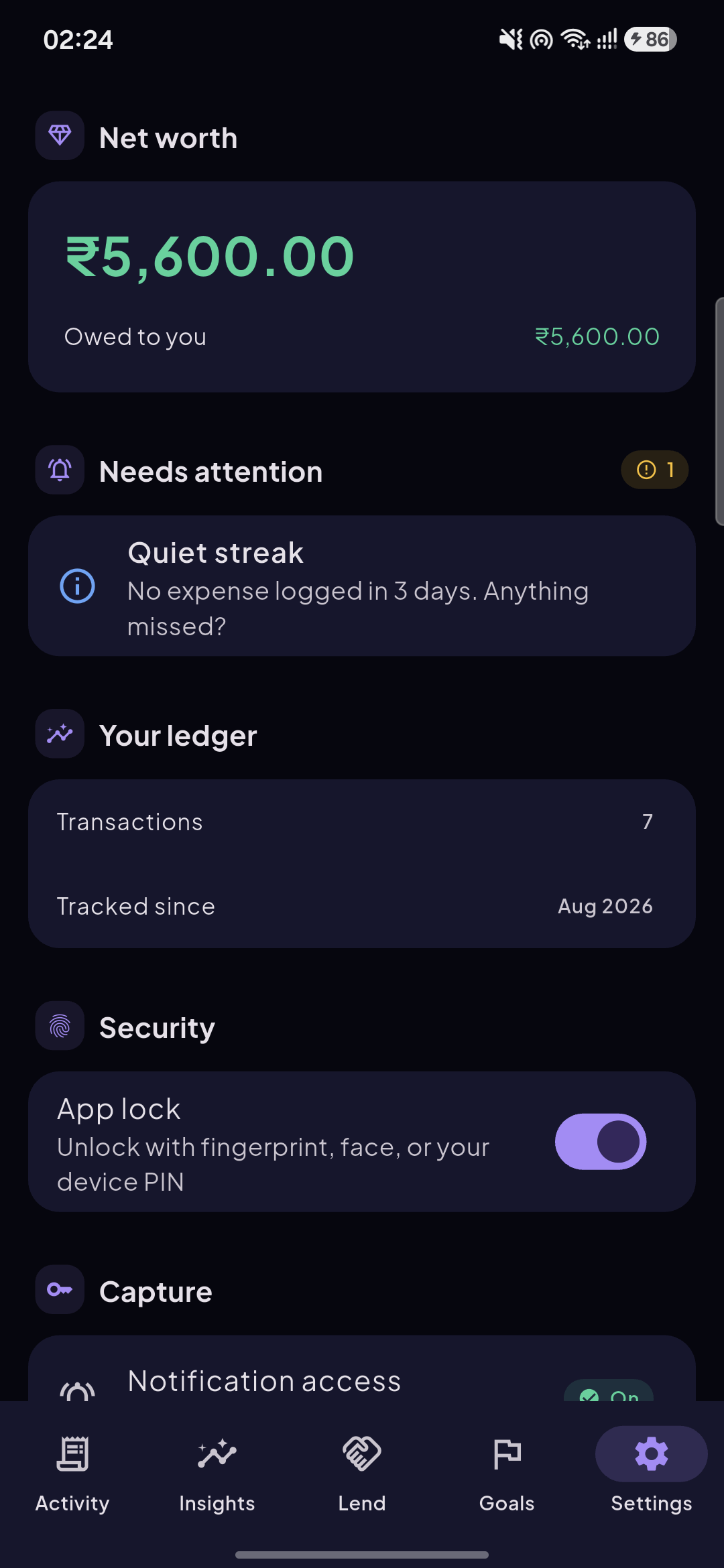 Potnis's Settings screen, showing net worth, capture status and data controls